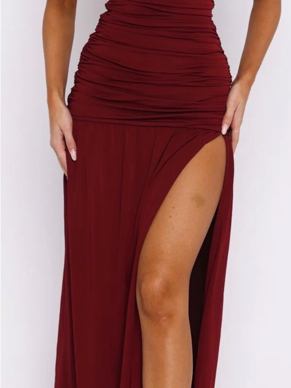 White Fox Boutique Burgundy Ruched High-Slit Maxi Skirt